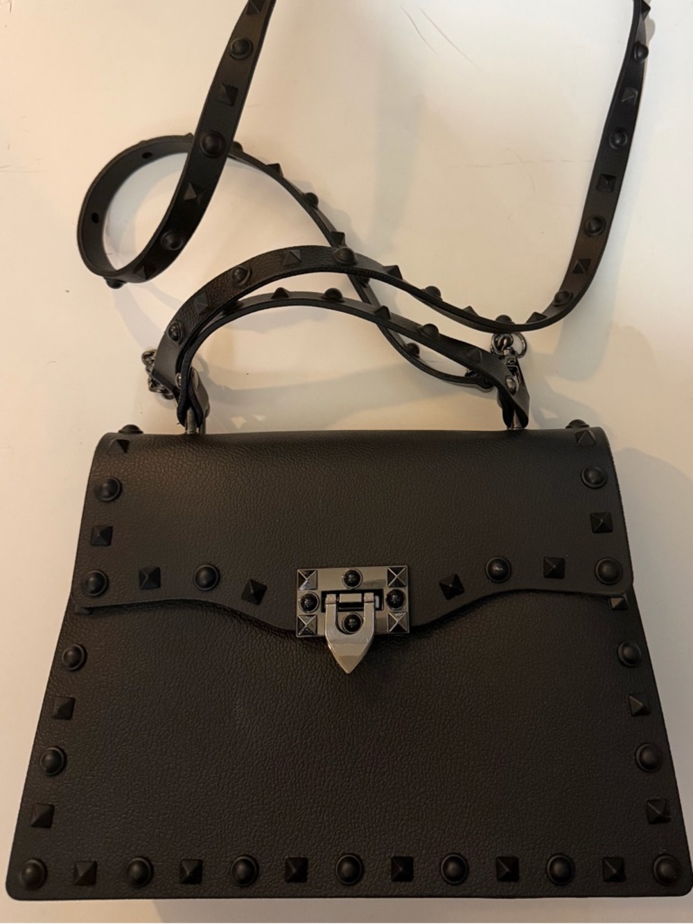 Black Studded PU Leather Crossbody Bag with Top Handle and Adjustable Strap